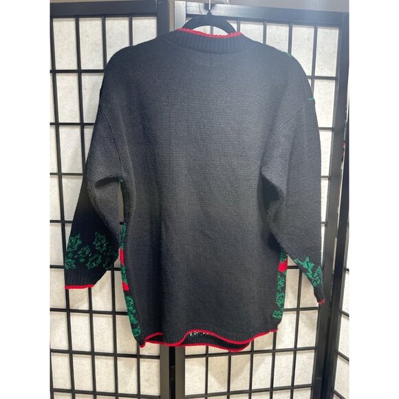 Vintage XL Christmas Sweater Black Red Green Ornaments Holly Festive Knit - Picture 3 of 5